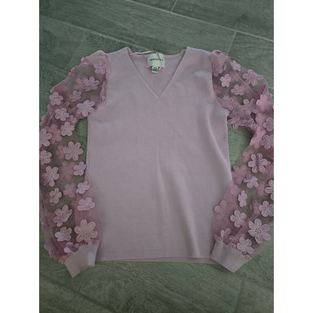 Industry Women Pink Ribbed V-Neck Top Sheer 3D Floral Applique Sleeves Medium